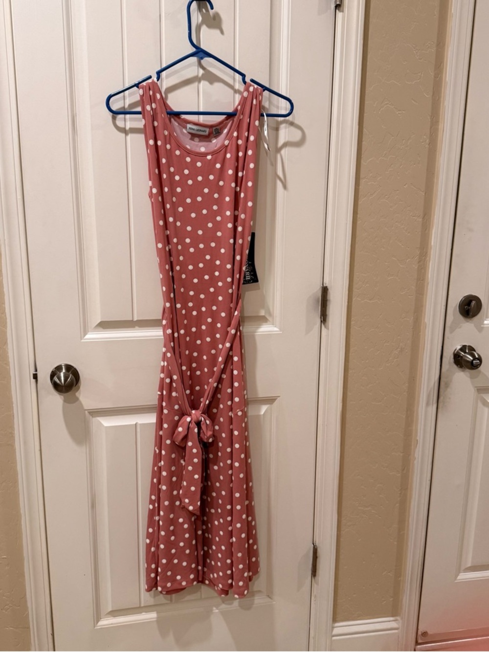 Nina Leonard Pink Polka Dot Sleeveless Dress Tie Waist Size L
